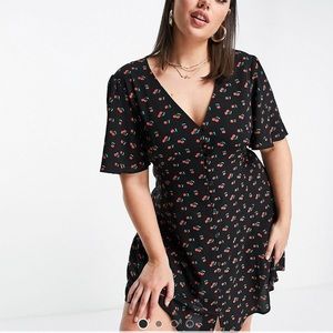 ASOS Design Curve button through tie back mini tea dress with angel sleeves